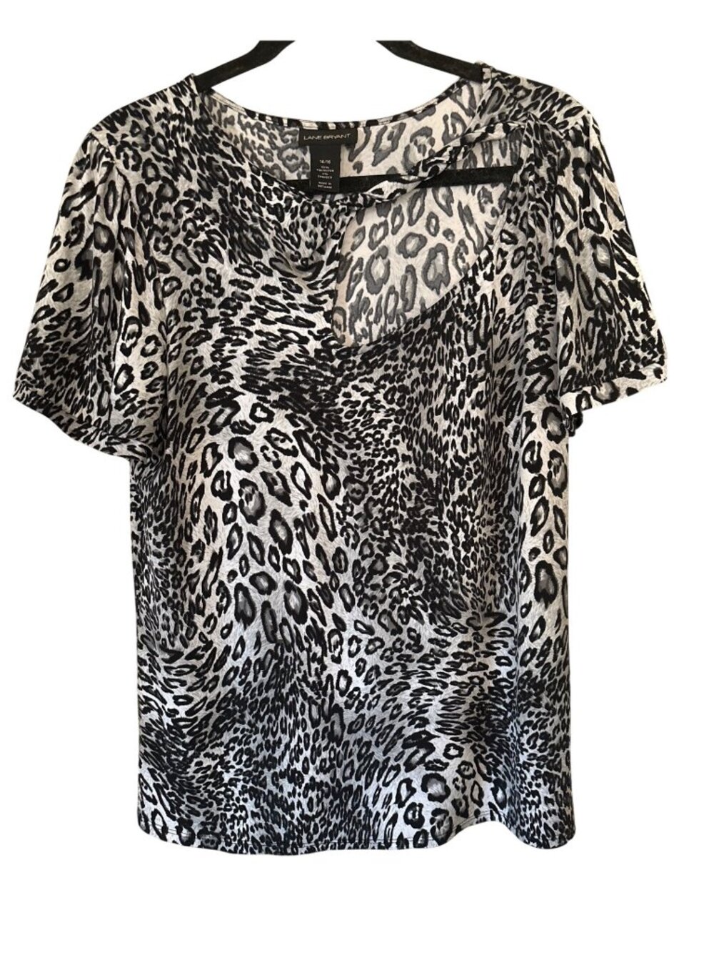 Women's Lane Bryant Black Grey Leopard Print Top 14/16 Cut Out Short Sleeve VGC